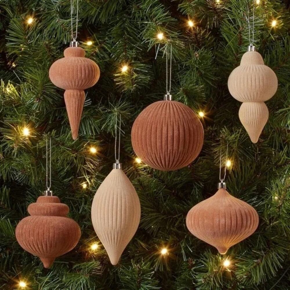 (2) Wondershop NIB Flocked Finial Ornaments Neutral Set of 6 - 2 Boxes